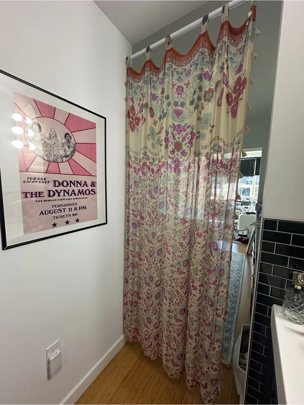 Boho Floral Curtain Panel in Cream and Pink